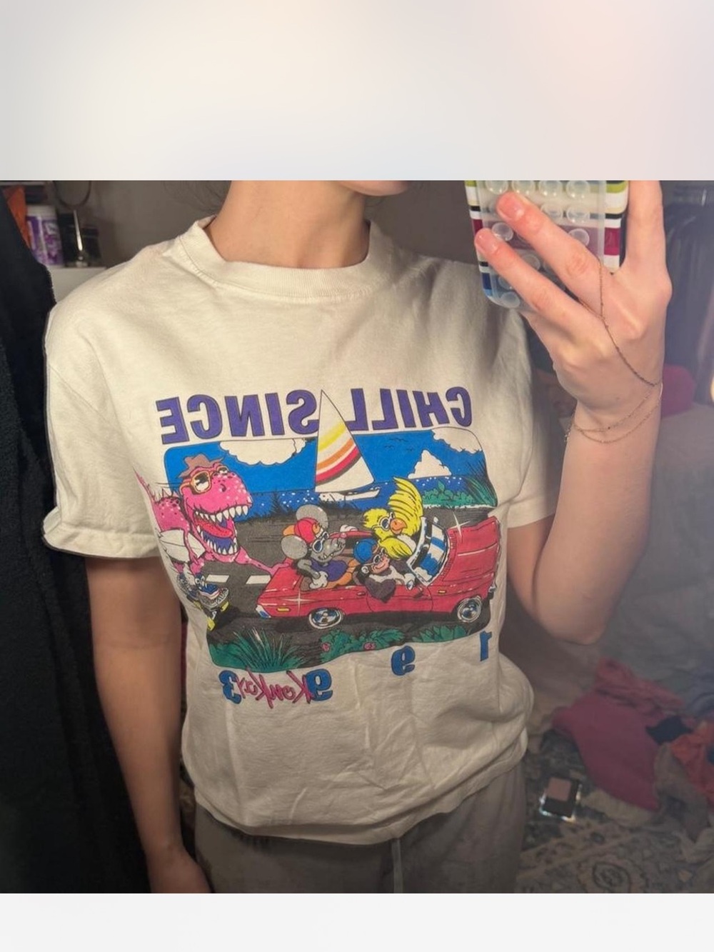 Brandy Melville White Cartoon Graphic 'Chill Since' Tee